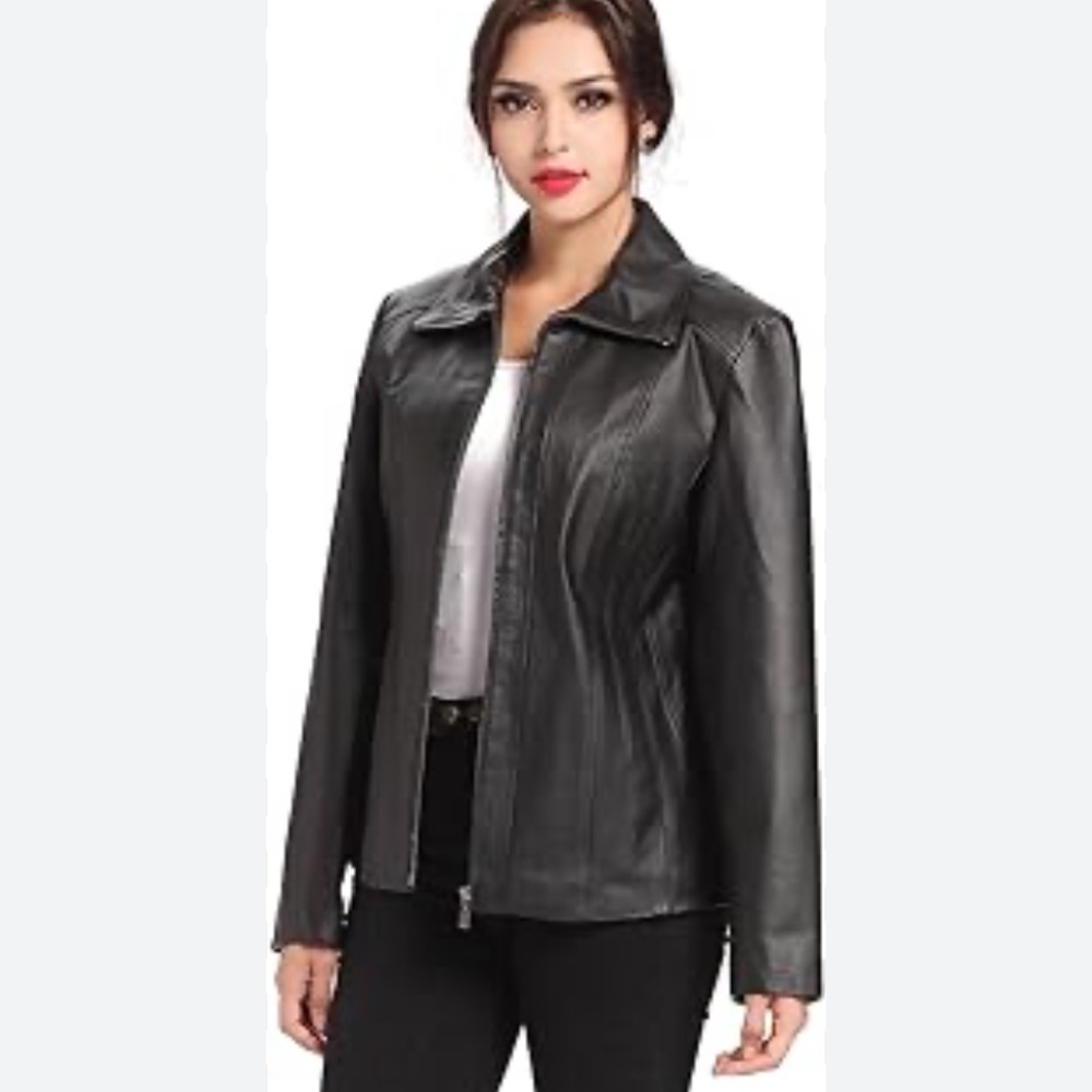 Women's Black Leather Jacket - Picture 2 of 16